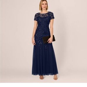 Adrianna Papell Navy Beaded Tulle Gown SZ 14 NWT Formal Evening Dress GALA MOB